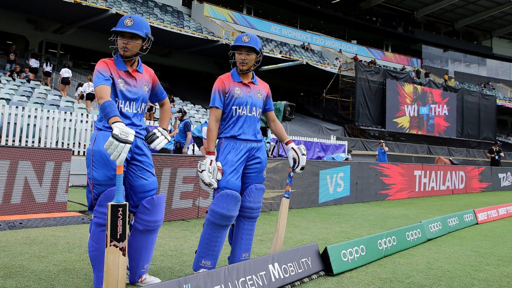Nattaya Boochatham and Nattakan Chantham of Thailand prepare to bat against West Indies.