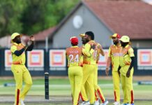 The Uganda team celebrates a wicket in their win over Kenya at the Africa T20 World Cup Qualifiers