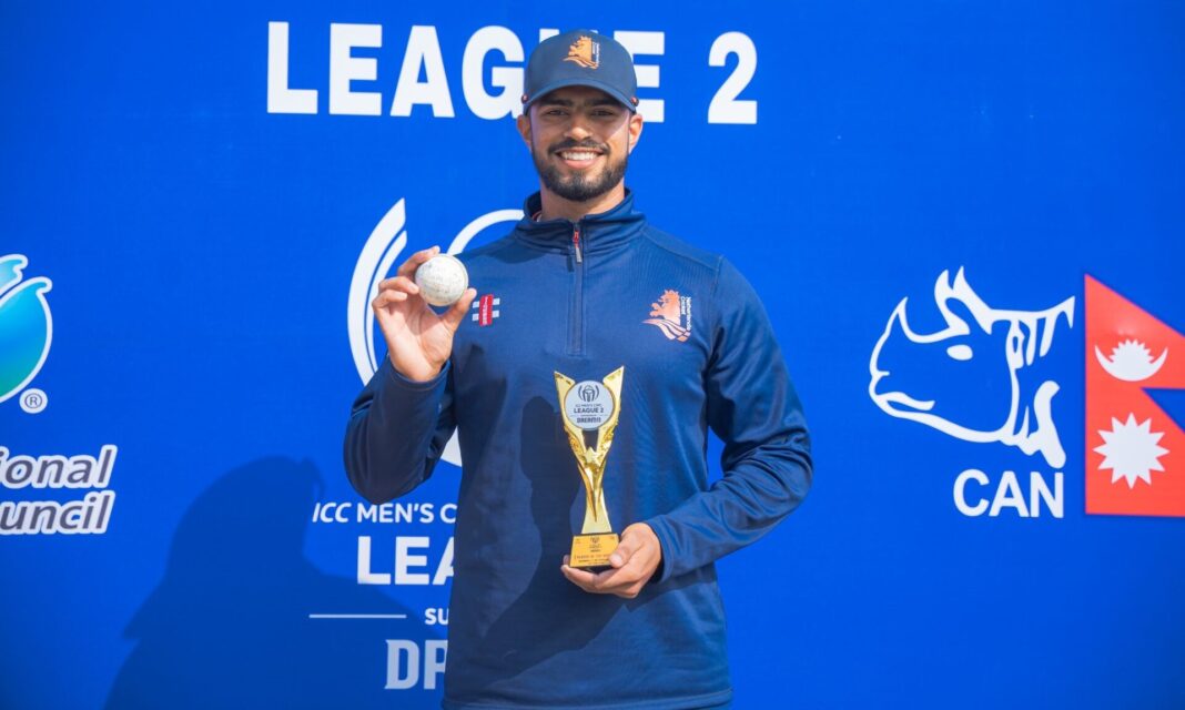 Aryan Dutt with the Player of the Match award after his six wicket day. (CAN)