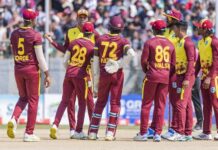 West Indies A celebrate a wicket in their victory over Nepal