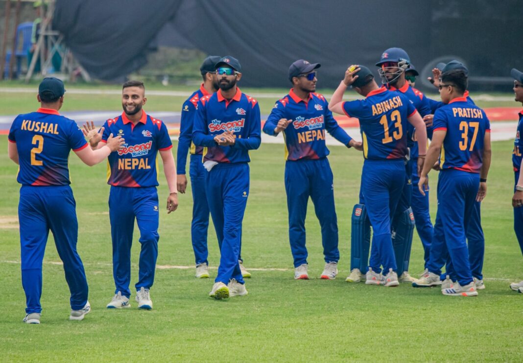Nepal celebrate a wicket on the way to a victory in the fifth T20 against West Indies A