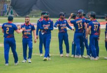 Nepal celebrate a wicket on the way to a victory in the fifth T20 against West Indies A