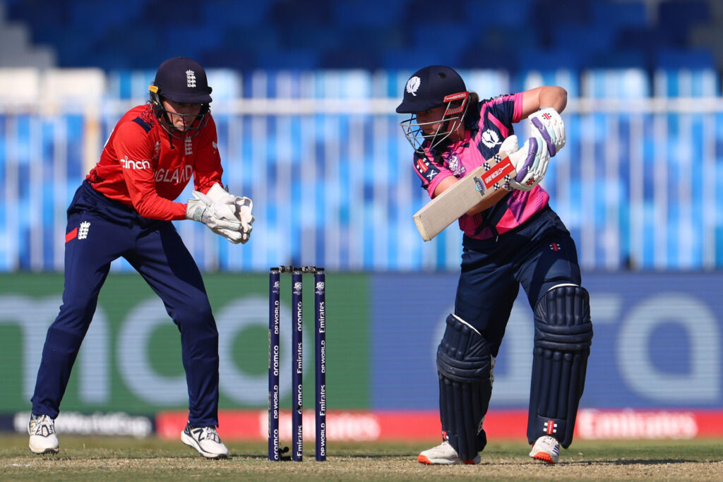 SHARJAH, UNITED ARAB EMIRATES - OCTOBER 13: Kathryn Bryce of Scotland bats during the ICC Women's T20 World Cup 2024 match between England and Scotland at Sharjah Cricket Stadium on October 13, 2024 in Sharjah, United Arab Emirates. (Photo by Francois Nel/Getty Images)